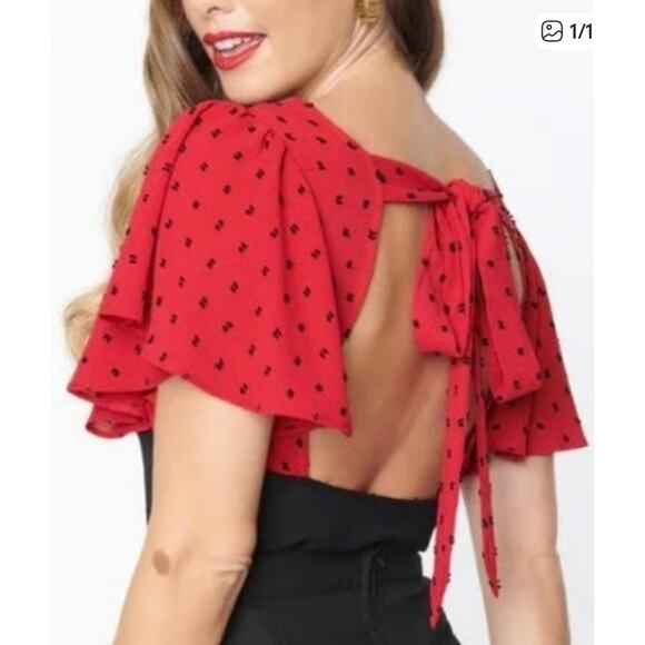Unique Vintage Red and Black Clip Dot Flutter Sleeve Blouse L NWOT - Picture 1 of 6